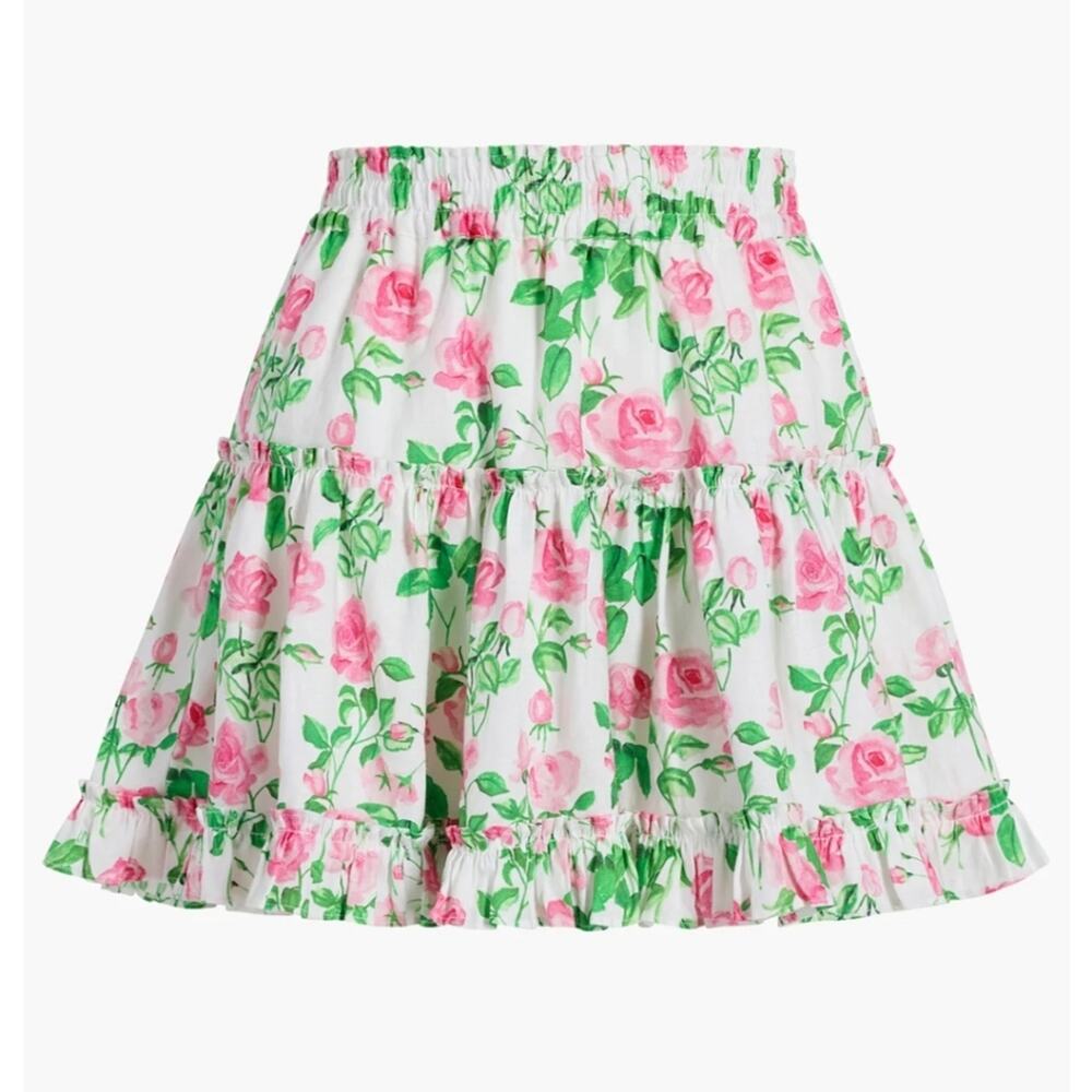 Hill House The Paz Skirt Pink Roses Floral Linen Ruffle Mini Skirt NWT Small S - Picture 2 of 10